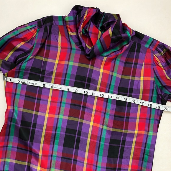 Vintage Colorful Taffeta Plaid Funnel Neck Holiday Winter Blouse Size Small - Picture 8 of 15